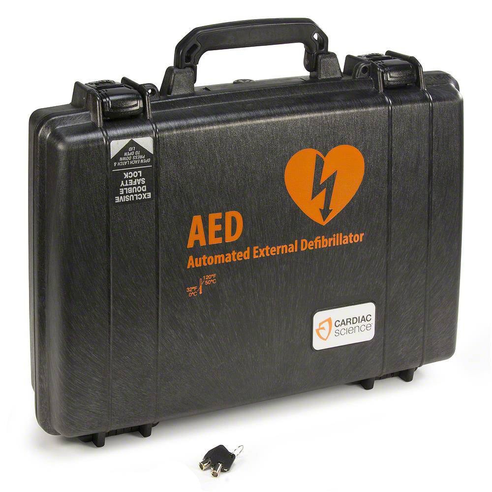 Hard-sided, waterproof carrying case for AED