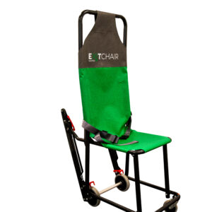 An upright Exitmaster Ego Evacuation Chair with a green seat and backrest, and black frame, ready for use.