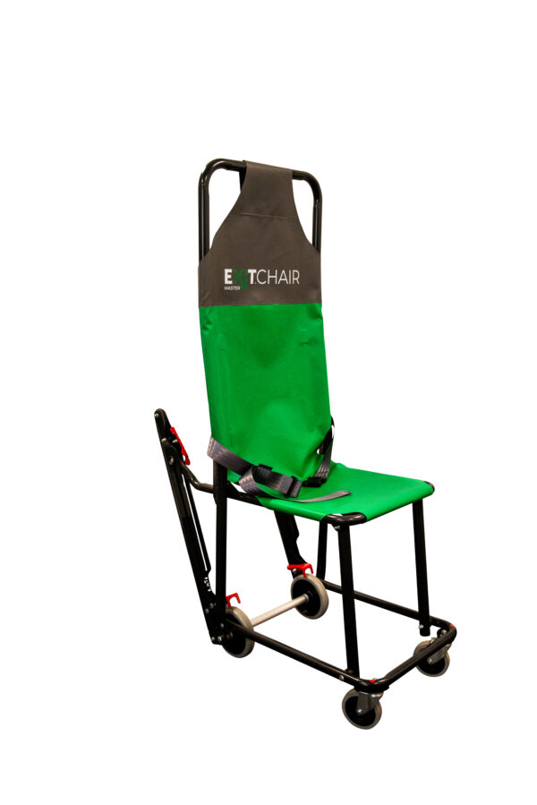 An upright Exitmaster Ego Evacuation Chair with a green seat and backrest, and black frame, ready for use.