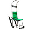 The Exitmaster Versa Evacuation Chair, an upright chair with a green seat, grey frame, and distinctive top handle, ready for emergency use.