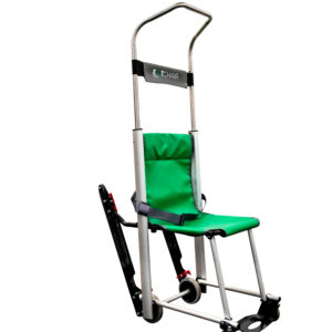 The Exitmaster Versa Evacuation Chair, an upright chair with a green seat, grey frame, and distinctive top handle, ready for emergency use.