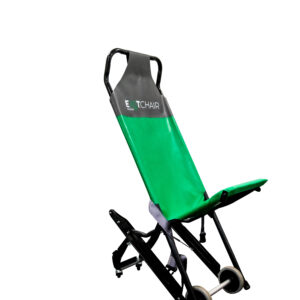 The green and black Exitmaster Original Evacuation Chair in a deployed, ready-to-use position, showcasing its kickstand design.