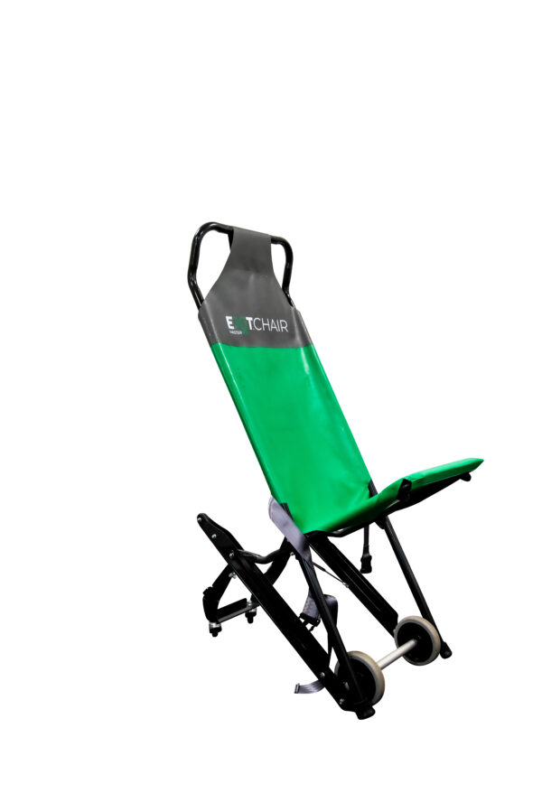 The green and black Exitmaster Original Evacuation Chair in a deployed, ready-to-use position, showcasing its kickstand design.